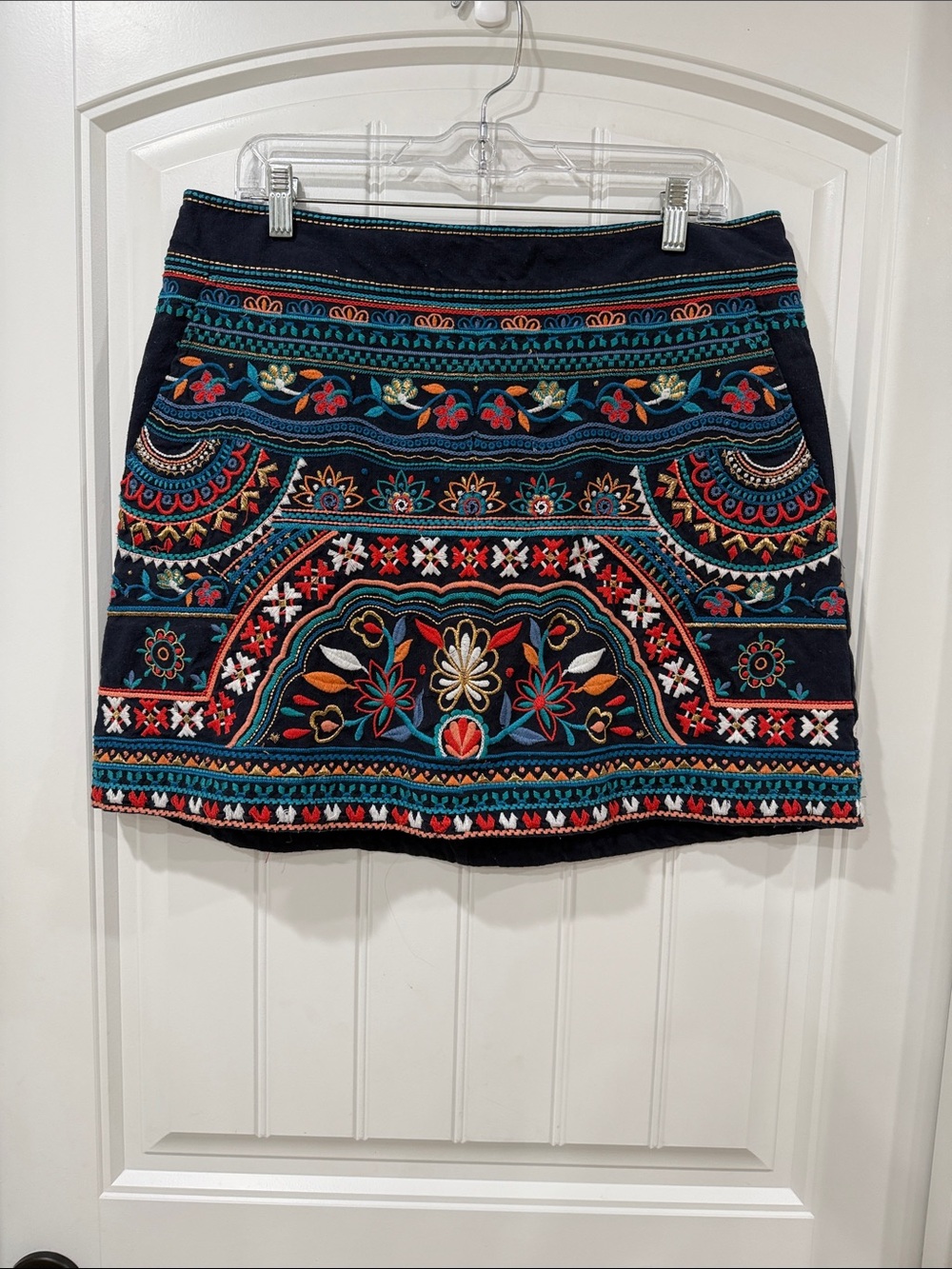 EUC Monsoon Black Mini Skirt with Multicolor Embroidery